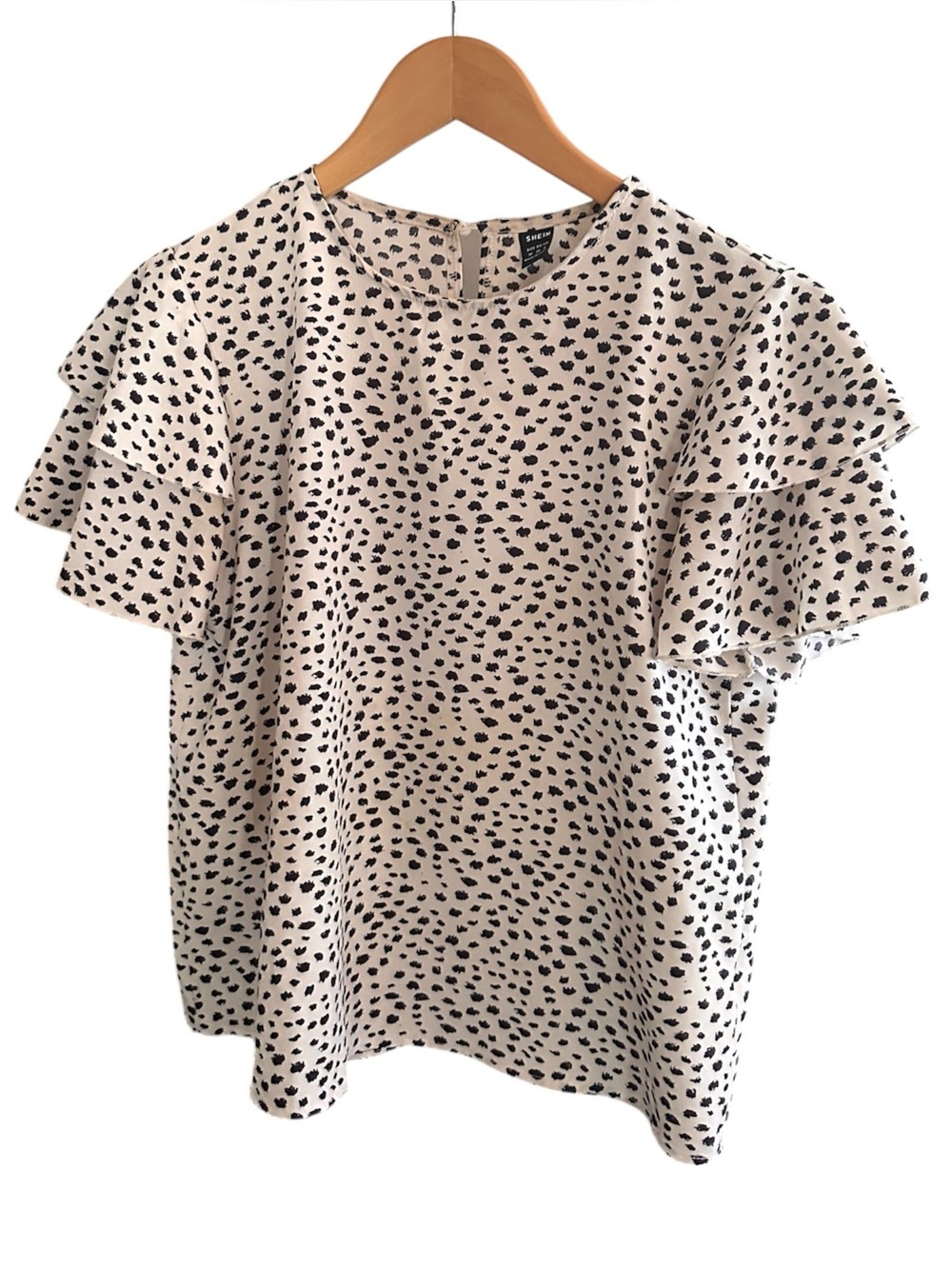 Cream and Black Leopard Print Ruffle Sleeve Blouse. Size M